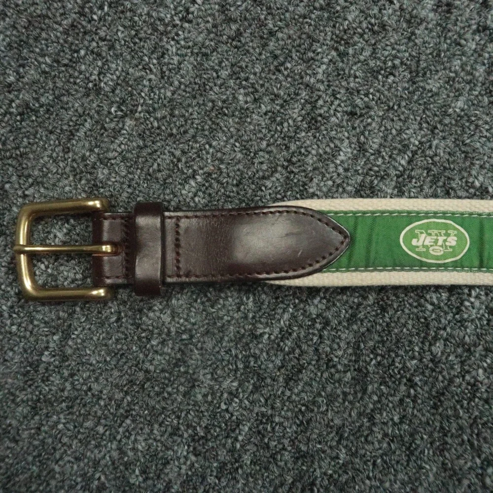 New York Jets Belt‎ Mens 32 Green Brown Leather Vineyard Vines